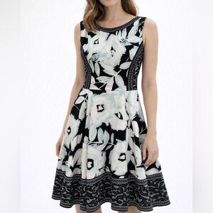 Maggy London Black & White Floral Fit & Flare Dress w/ Blue Tones